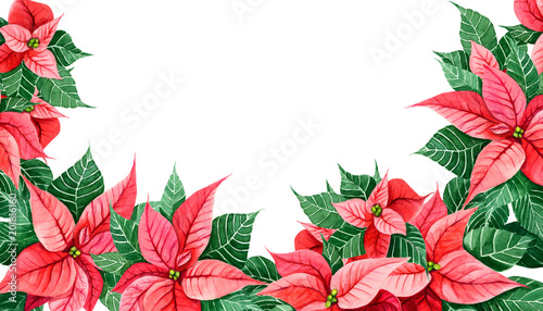 Poinsettia Christmas and New Year leaves decoration. Celebration design border horizontal element. Hand painted watercolour in bright vivid red and green colours. Winter blossom plant.