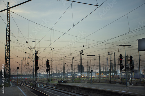 Empty railroad tracks of Mannheim Hauptbahnhof railway station in morning