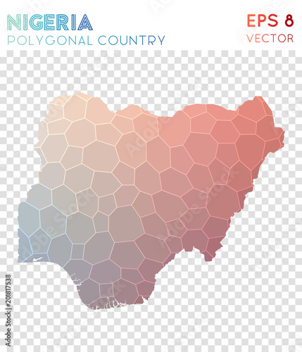 Nigeria polygonal map in a mosaic style country. Uncommon low poly style, modern design. Nigeria polygonal map for infographics or presentation.