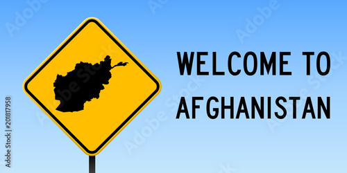 Afghanistan map on road sign. Wide poster with Afghanistan country map on yellow rhomb road sign. Vector illustration.