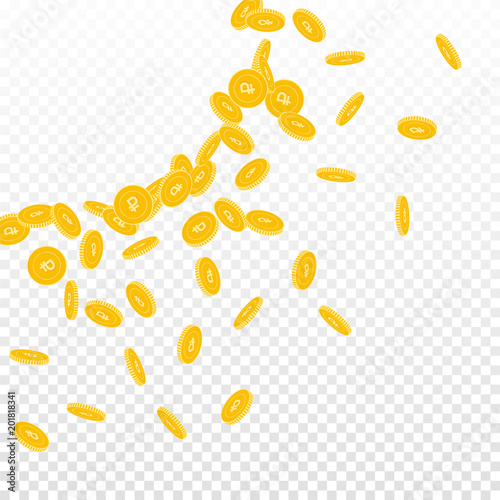 Russian ruble coins falling. Scattered small RUB coins on transparent background. Awesome radiant left top corner vector illustration. Jackpot or success concept.