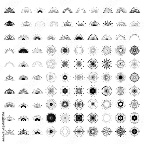 Big set of Retro Sun burst shapes. 100 Vintage logo, labels, badges. Vector design element isolated. Minimal black firework burst