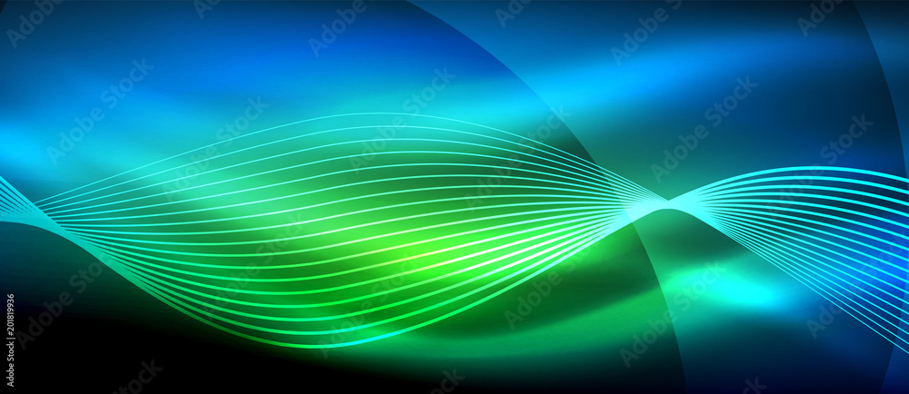Glowing abstract wave on dark, shiny motion, magic space light. Techno abstract background
