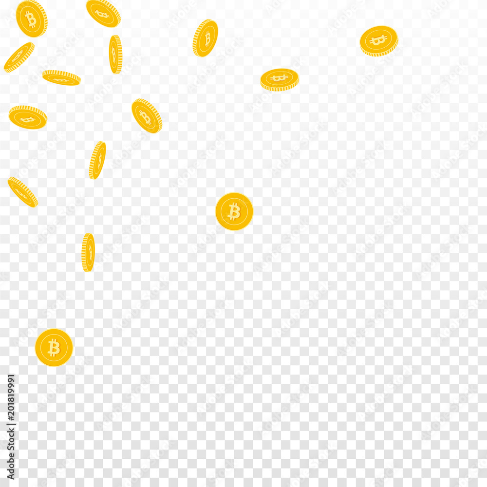 Bitcoin, internet currency coins falling. Scattered sparse BTC coins on transparent background. Exquisite scattered top left corner vector illustration. Jackpot or success concept. Bitcoin, internet currency coins falling. Scattered sparse BTC coins on transparent background. Exquisite scattered top left corner vector illustration. Jackpot or success concept.