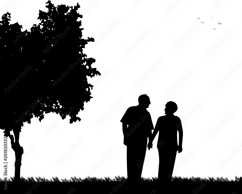 Lovely retired elderly couple walking in the park, one in the series of similar images silhouette Lovely retired elderly couple walking in the park, one in the series of similar images silhouette