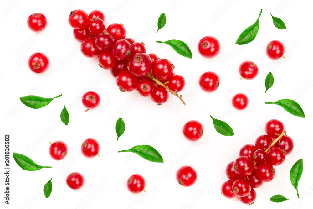 Red currant berries decorated with green leaves isolated on white background Red currant berries decorated with green leaves isolated on white background