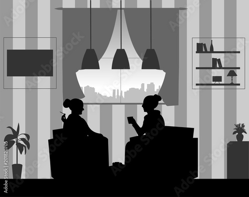 Silhouettes of girls in the room at home smoking cigarettes and drinking coffee
