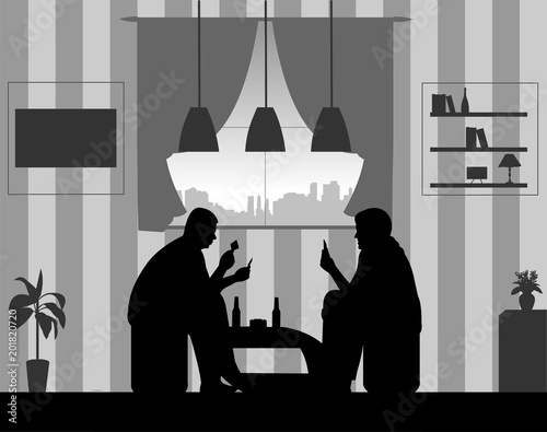 Men playing cards and drinking beer for fun in the room at home silhouette 