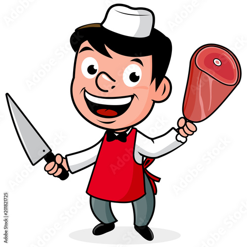Butcher holding a knife and a piece of meat. Vector illustration