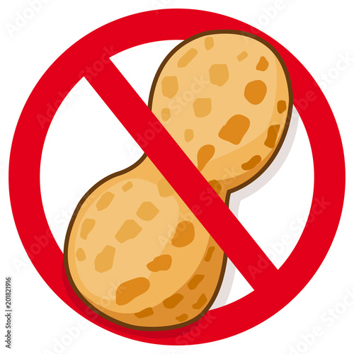 Peanut in red prohibition sign. Symbol promoting peanut free food. Vector illustration