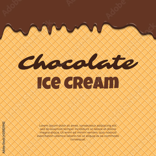 Seamless pattern waffle texture melts frosting ice cream dripping. Glossy streaks chocolate vanilla cream crispy cone. Cartoon picture for web, advertising, banner, business card. Vector illustration.