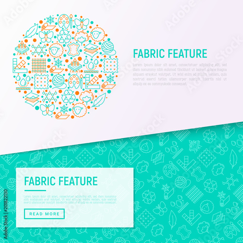 Fabric feature concept in circle with thin line icons: leather, textile, cotton, wool, waterproof, acrylic, silk, eco-friendly material, breathable material. Vector illustration, web page template.