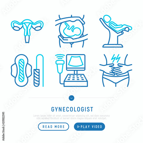 Gynecologist thin line icons set: uterus, ovaries, gynecological chair, pregnancy, ultrasound, sanitary napkin, test, embryo, menstruation. Modern vector illustration