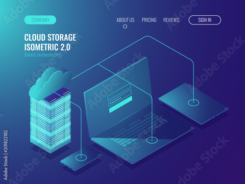 Concept of cloud storage, data transfer. Server room, big data center isometric vector
