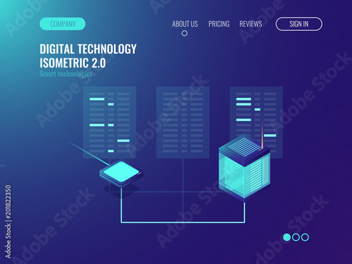 Transmission and decoding of information on a network, bigdata processing, server room, database and datacenter concept, isometric vecotor