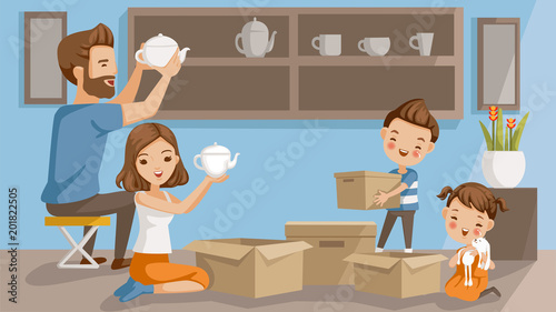 Unpacking boxes Moving house family.Men arranged of ceramics.Woman opening a teapot box. boy holding a box. girl embracing a doll. They are decorating the shelves in the living room.happy family home.
