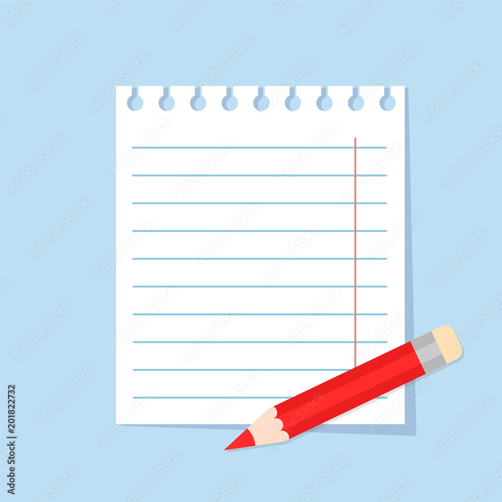 Retro Vector Empty White Paper Sheet with Shadow and Red Pencil, stock vector illustration Retro Vector Empty White Paper Sheet with Shadow and Red Pencil, stock vector illustration