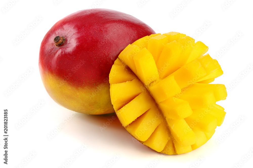Mango fruit and half isolated on white background close-up Mango fruit and half isolated on white background close-up