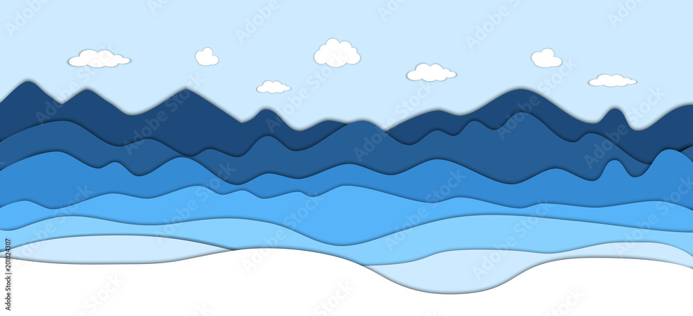 Mountains landscape in paper cut style. Cartoon mountain ridges. Vector paper art illustration. Conceptual 3D background.