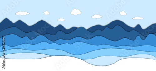 Mountains landscape in paper cut style. Cartoon mountain ridges. Vector paper art illustration. Conceptual 3D background.