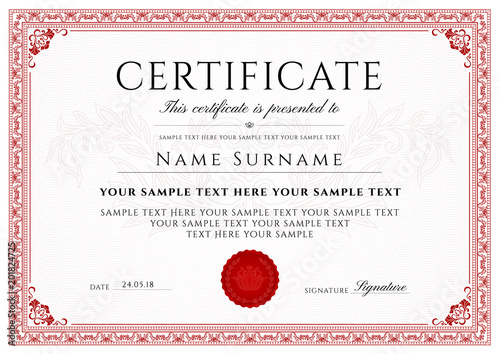 Certificate, Diploma of completion (design template, white background) with Frame, Border, light Guilloche pattern (watermark) photo