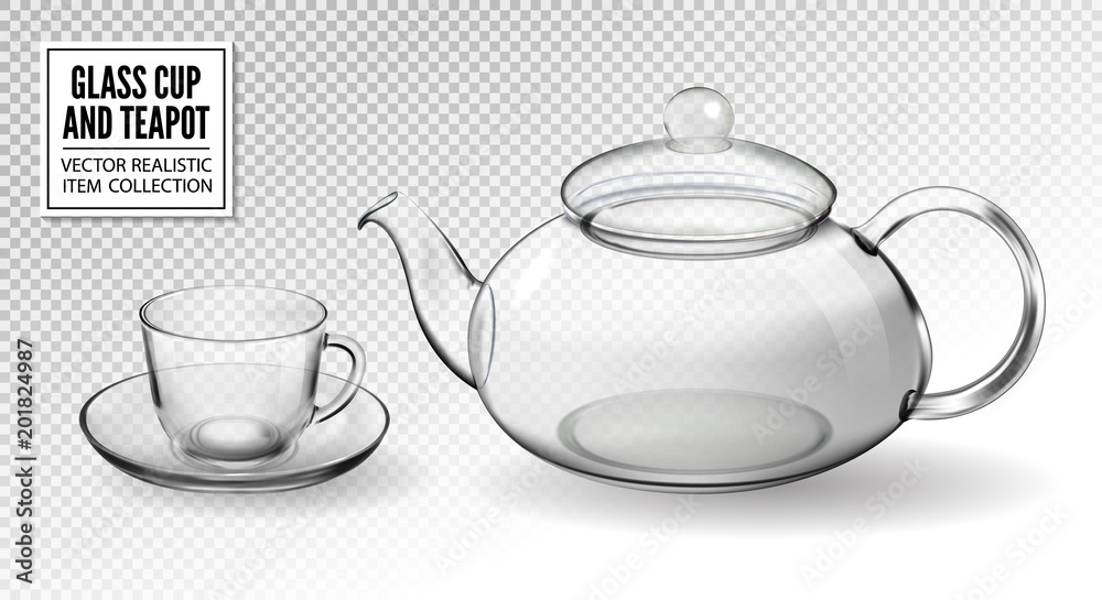 Vector set empty glass tea cups with teapot isolated on transparent background. Realistic 3d vector. Vector set empty glass tea cups with teapot isolated on transparent background. Realistic 3d vector.
