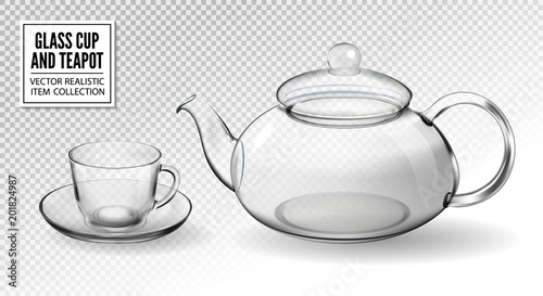 Vector set empty glass tea cups with teapot isolated on transparent background. Realistic 3d vector.