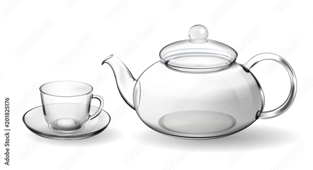 Set empty glass tea cup with teapot isolated on white Set empty glass tea cup with teapot isolated on white