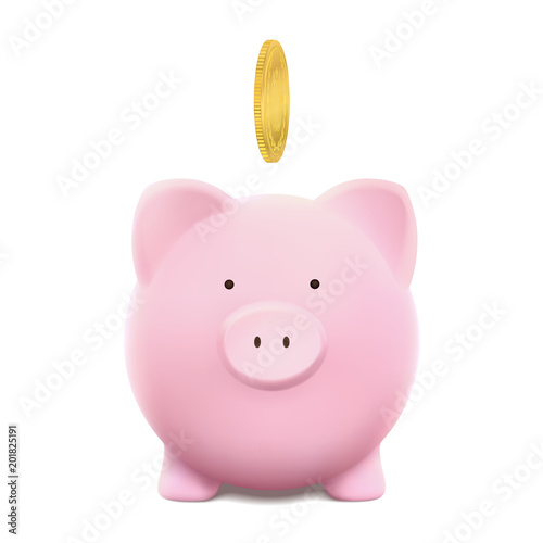 Piggy bank vector illustration with gold coin. Saving bank account concept on white isolated background. Finance capital (savings) icon. Business symbol of economy and currency collection. Frugal life