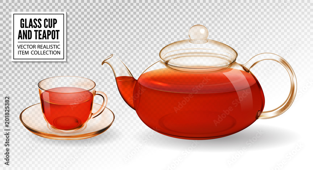 Vector glass teapot and cup with tea isolated on transparent background. Realistic 3d vector items. Vector glass teapot and cup with tea isolated on transparent background. Realistic 3d vector items.