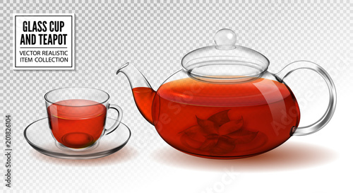 Vector glass cup and teapot with tea. Realistic 3d vector.