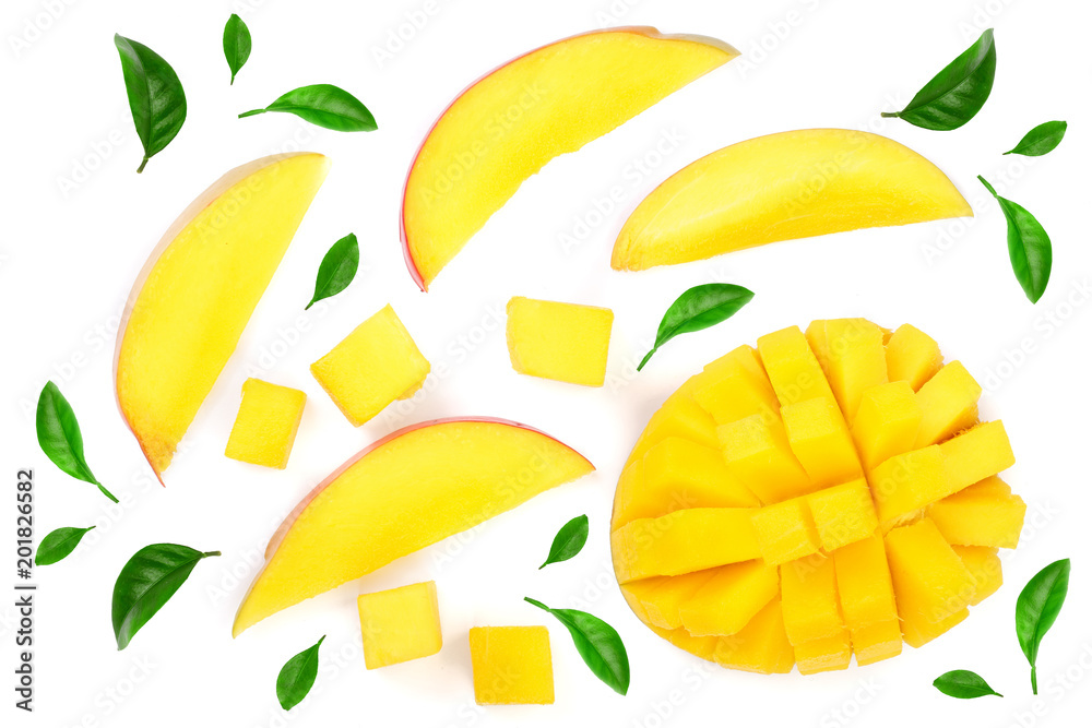half of Mango fruit decorated with leaves isolated on white background close-up. Top view. Flat lay half of Mango fruit decorated with leaves isolated on white background close-up. Top view. Flat lay