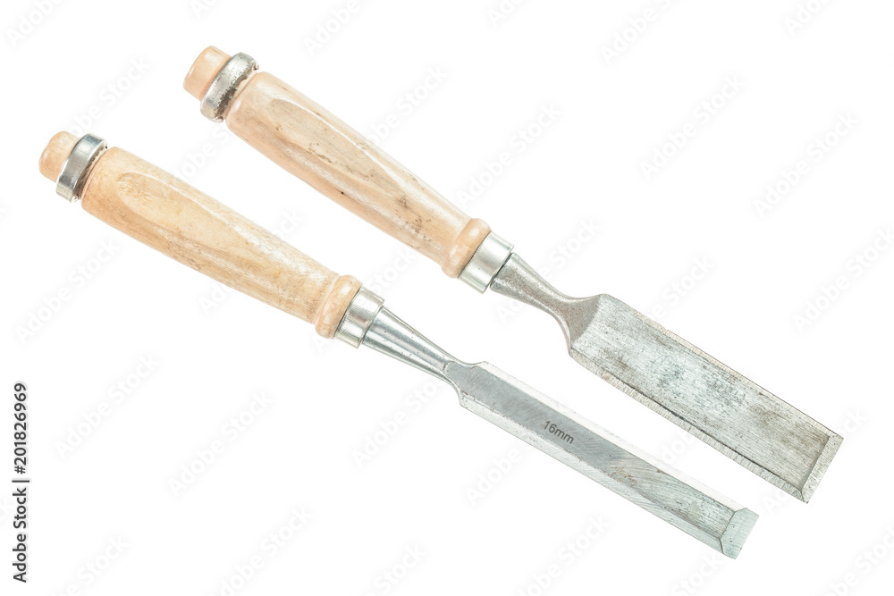 Firmer chisels isolated on white top view Firmer chisels isolated on white top view