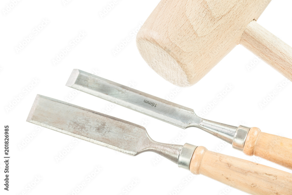 Flat chisels lump hammer isolated on white Flat chisels lump hammer isolated on white