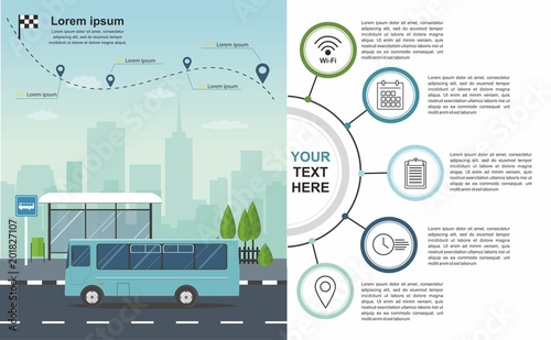 Transporation infographic Bus at the bus stop on background of city 