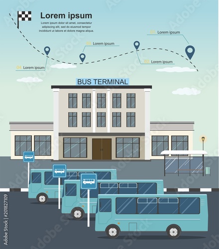 Buses at the bus terminal station. Transportation infographics. Flat vector illustration	