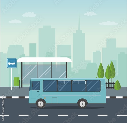 Blue Bus at the bus stop on background of city