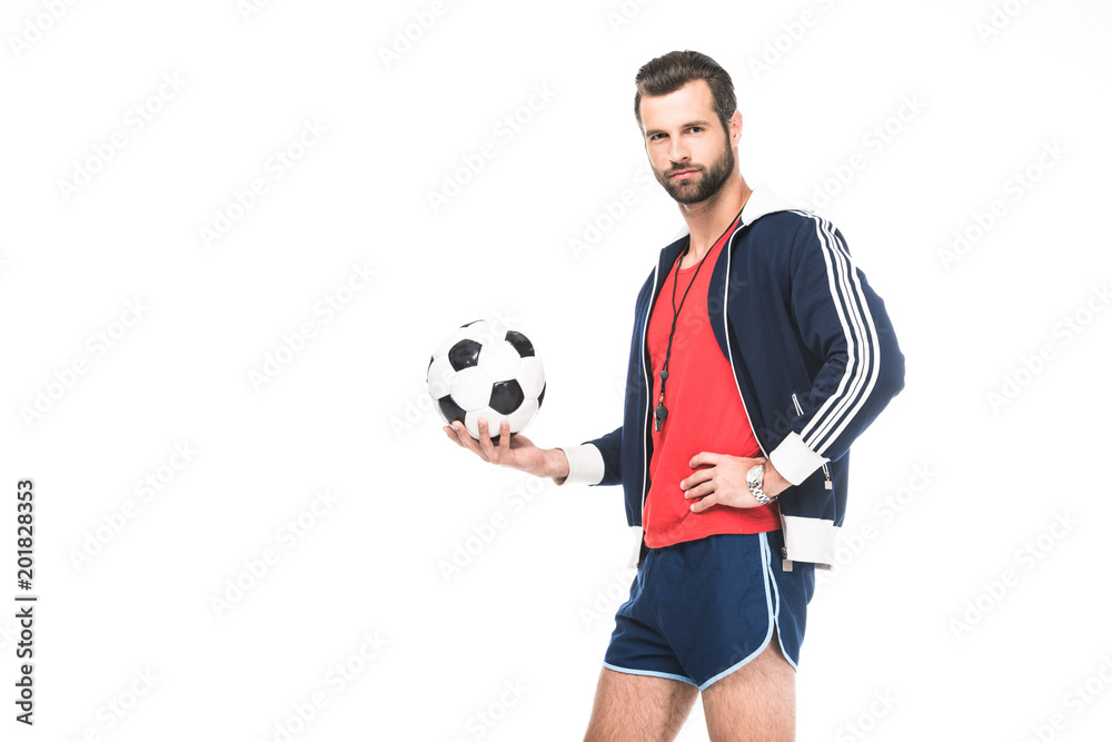 bearded soccer trainer holding ball, isolated on white
