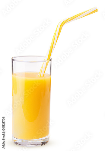 Glass of fresh orange juice with a yellow striped straw