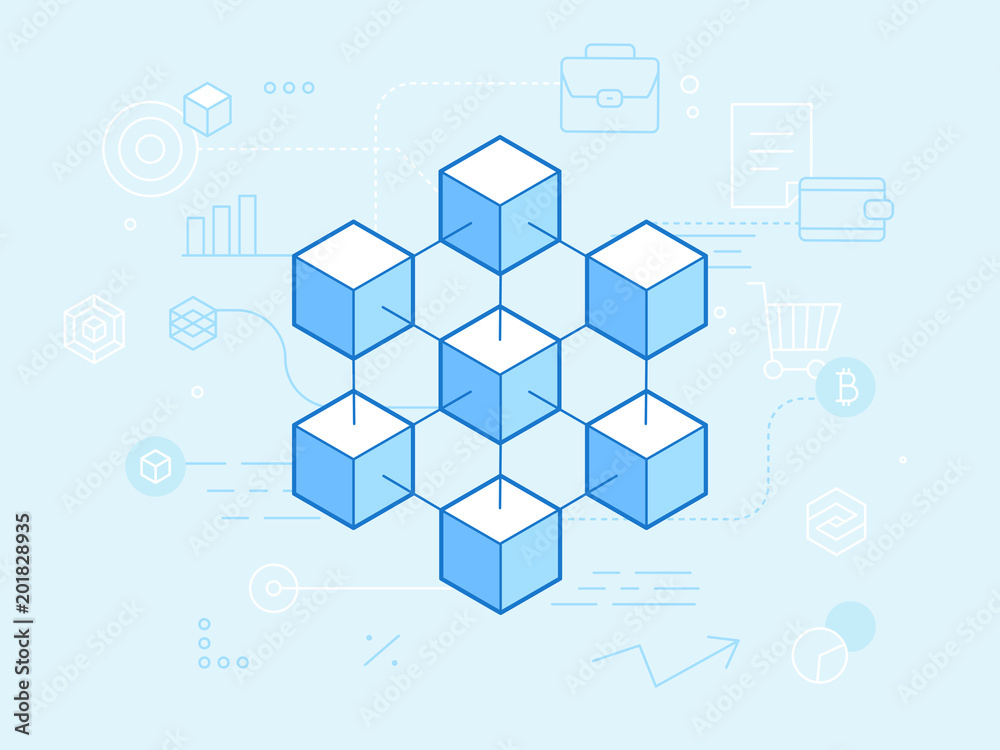 Vector flat linear illustration in blue colors - blockchain and ...