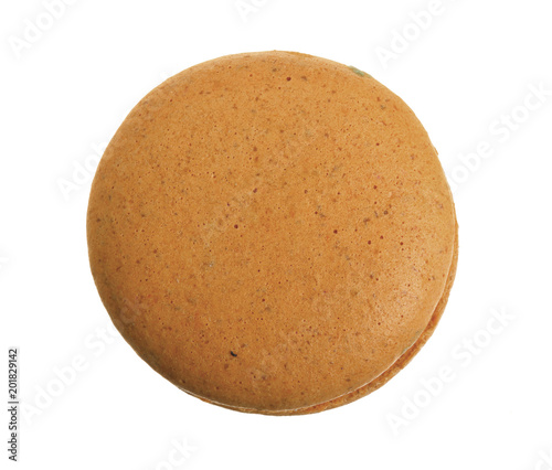 orange macaron isolated on white background without a shadow closeup. Top view. Flat lay