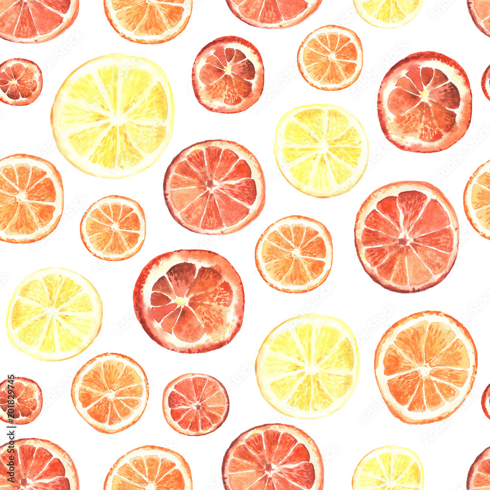 Naklejka Seamless background with sunny orange slices, in watercolor style.