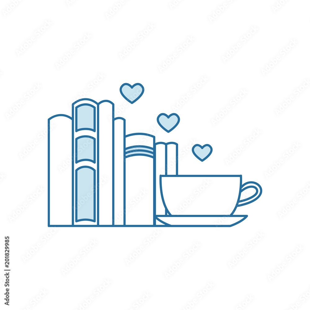 Pile of books and coffee or tea cup with heart symbols. I love reading concept for libraries, book stores, festivals, fairs and schools. Line icon. Vector illustration isolated on white. Pile of books and coffee or tea cup with heart symbols. I love reading concept for libraries, book stores, festivals, fairs and schools. Line icon. Vector illustration isolated on white.
