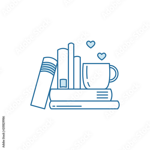 Pile of books and coffee or tea cup with heart symbols. I love reading concept for libraries, book stores, festivals, fairs and schools. Line icon. Vector illustration isolated on white.