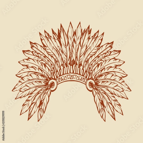 Native American with feathers. Vector drawing