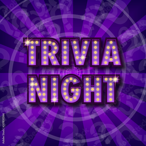 Trivia night announcement poster.Vintage styled light bulb box letters shining on dark background.Vector illustration, glowing electric sign in retro style