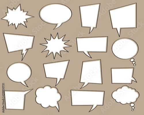 Comic speech white bubble set without text (empty). Vector cartoon explosions for different emotions isolated on background.