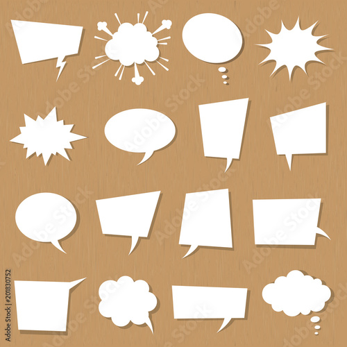 Comic speech white bubble set for your text, information with shadows. Vector cartoon explosions, frames, backgrounds for different emotions isolated on background.