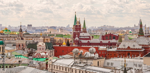 Moscow. Top view of the Kremlin cathedrals and the roofs of the city