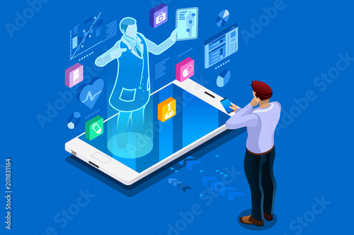Health technology and medical advice, healthcare isometric people. Health care illustration for web banner, infographics, hero images. Flat isometric vector illustration isolated on blue background.